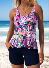 Purple Mid Waisted Layered Paisley Print Tankini Set