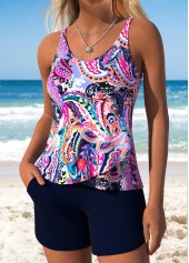 Purple Mid Waisted Layered Paisley Print Tankini Set | thumb picture 