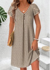 Light Coffee Plaid Short Tummy Coverage V Neck Dress