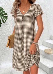 Light Coffee Plaid Short Tummy Coverage V Neck Dress | thumb picture 