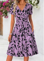 Dark Purple Leaf Print Short Double Side Pockets Dress