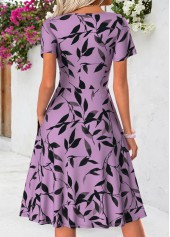 Dark Purple Leaf Print Short Double Side Pockets Dress | thumb picture 