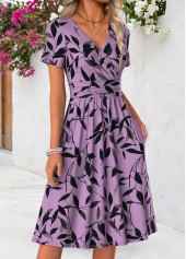 Dark Purple Leaf Print Short Double Side Pockets Dress | thumb picture 