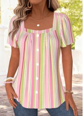 Pink Striped Pleated Short Sleeve Square Neck Blouse