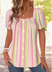 Pink Striped Pleated Short Sleeve Square Neck Blouse | thumb picture 