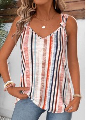 Multi Color Striped Tie Sleeveless V Neck Tank Top