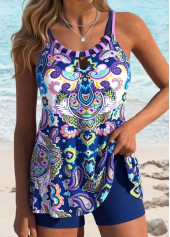 Purple Mid Waisted Cut Out Tribal Print Tankini Set