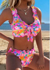 Pink Mid Waisted Scalloped Hem Floral Print Bikini Set