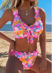 Pink Mid Waisted Scalloped Hem Floral Print Bikini Set | thumb picture 
