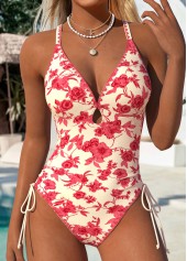 Beige Cut Out Floral Print One Piece Swimwear
