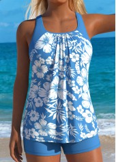 Sky Blue Mid Waisted Two-piece Floral Print Tankini Set