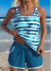 Blue Mid Waisted Two-piece Tropical Plants Print Tankini Set