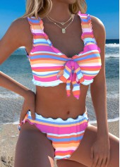 Multi Color Mid Waisted Scalloped Hem Striped Bikini Set | thumb picture 