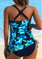 Blue Mid Waisted Drawstring Floral Print Tankini Set | thumb picture 