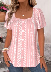 Pink Geometric Print Curved Hem Short Sleeve Blouse