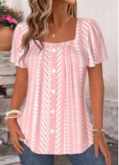 Pink Geometric Print Curved Hem Short Sleeve Blouse | thumb picture 