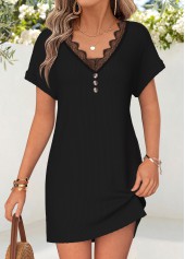 Black Short Patchwork V Neck Dress