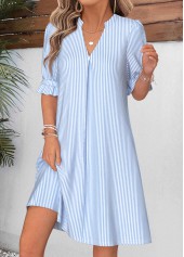Blue Striped Short Shirred Half Sleeve Split Neck Dress | thumb picture 