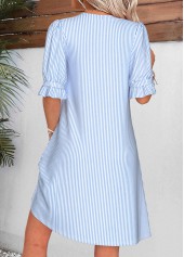 Blue Striped Short Shirred Half Sleeve Split Neck Dress | thumb picture 
