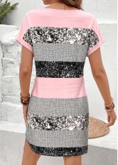 Multi Color Geometric Print Short Patchwork V Neck Dress | thumb picture 