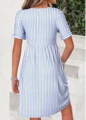 Light Blue Striped Short Shirred V Neck Dress | thumb picture 