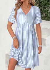 Light Blue Striped Short Shirred V Neck Dress