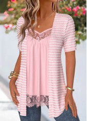 Pink Striped Short Sleeve Fake Two Piece Twinset | thumb picture 