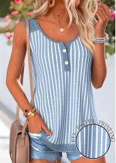Denim Blue Striped Button Sleeveless Round Neck Tank Top