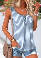 Denim Blue Striped Button Sleeveless Round Neck Tank Top | thumb picture 
