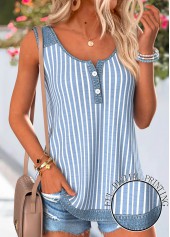 Denim Blue Striped Button Sleeveless Round Neck Tank Top