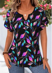 Black Floral Print Tummy Coverage Short Sleeve Blouse