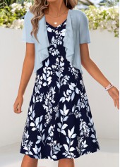 Light Blue Leaf Print Tummy Coverage Dress and Cardigan
