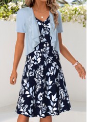 Light Blue Leaf Print Tummy Coverage Dress and Cardigan | thumb picture 