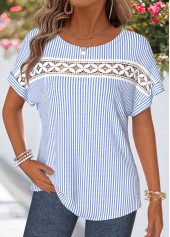 Blue Striped Patchwork Short Sleeve Round Neck T Shirt