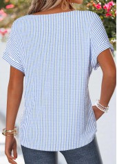 Blue Striped Patchwork Short Sleeve Round Neck T Shirt | thumb picture 