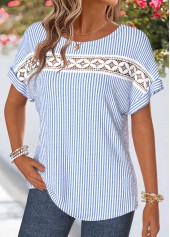 Blue Striped Patchwork Short Sleeve Round Neck T Shirt | thumb picture 