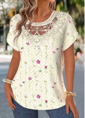 Light Yellow Floral Print Patchwork Short Sleeve Blouse | thumb picture 