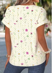 Light Yellow Floral Print Patchwork Short Sleeve Blouse | thumb picture 