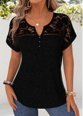 Black Patchwork Short Sleeve Split Neck Blouse