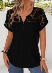 Black Patchwork Short Sleeve Split Neck Blouse | thumb picture 