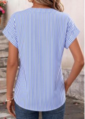 Blue Striped Curved Hem Short Sleeve Split Neck Blouse | thumb picture 