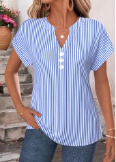 Blue Striped Curved Hem Short Sleeve Split Neck Blouse | thumb picture 