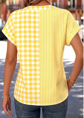 Yellow Striped Curved Hem Short Sleeve Split Neck Blouse | thumb picture 