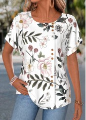 White Floral Print Button Short Sleeve T Shirt | thumb picture 
