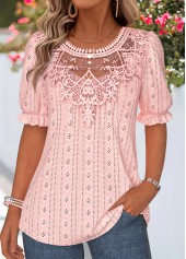 Pink Patchwork Short Sleeve V Neck T Shirt