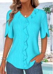 Cyan Ruffle Half Sleeve V Neck Blouse
