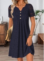 Navy Short Patchwork Split Neck Dress