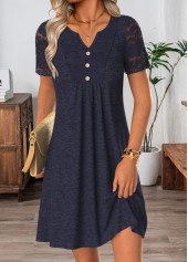 Navy Short Patchwork Split Neck Dress