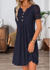 Navy Short Patchwork Split Neck Dress | thumb picture 