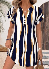 Navy Geometric Print Short Tummy Coverage V Neck Dress
